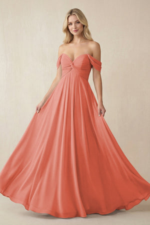 Off - the - Shoulder Chiffon A - Line Long Bridesmaid Dress in Wild Rose - SHE IS ME Bridesmaid Dresses
