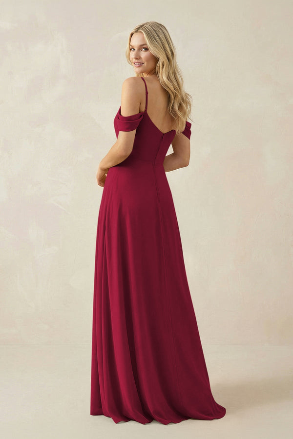 Off - the - Shoulder Chiffon A - Line Maxi Bridesmaid Dress in Berry - SHE IS ME Bridesmaid Dresses