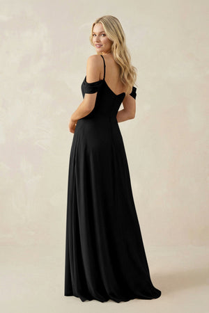 Off - the - Shoulder Chiffon A - Line Maxi Bridesmaid Dress in Black - SHE IS ME Bridesmaid Dresses