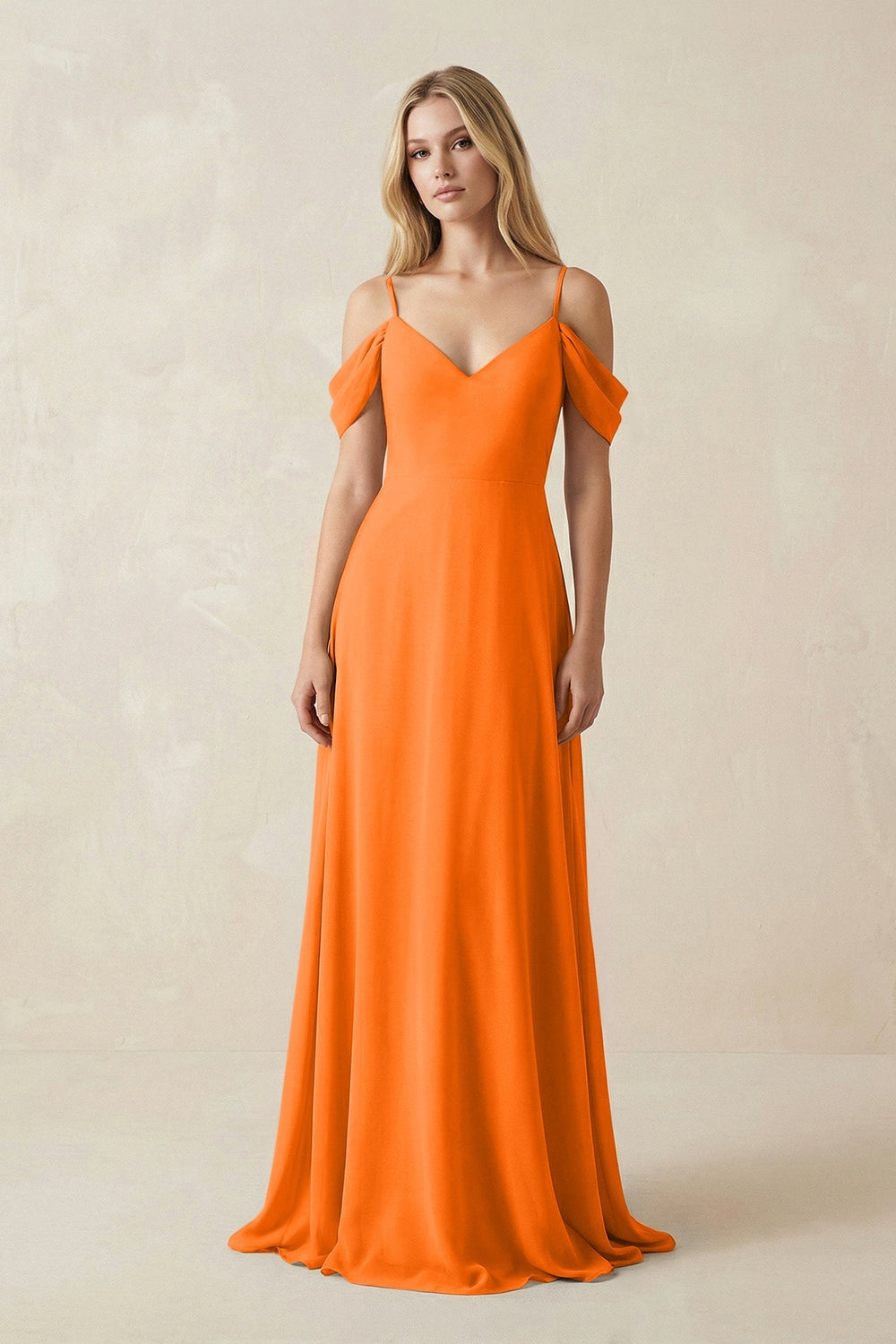 Off - the - Shoulder Chiffon A - Line Maxi Bridesmaid Dress in Cinnamon - SHE IS ME Bridesmaid Dresses
