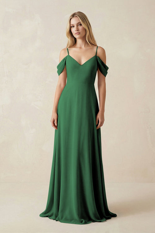 Off - the - Shoulder Chiffon A - Line Maxi Bridesmaid Dress in Dark Green - SHE IS ME Bridesmaid Dresses