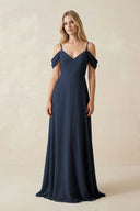 Off - the - Shoulder Chiffon A - Line Maxi Bridesmaid Dress in Dark Navy - SHE IS ME Bridesmaid Dresses