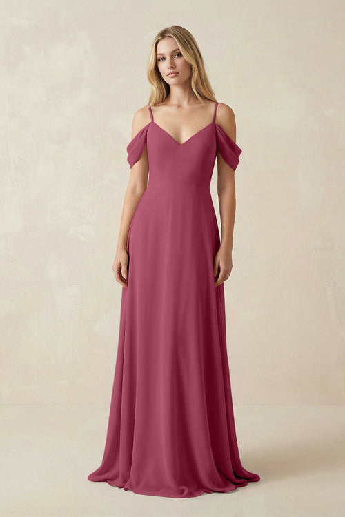 Off - the - Shoulder Chiffon A - Line Maxi Bridesmaid Dress in Desert Rose - SHE IS ME Bridesmaid Dresses