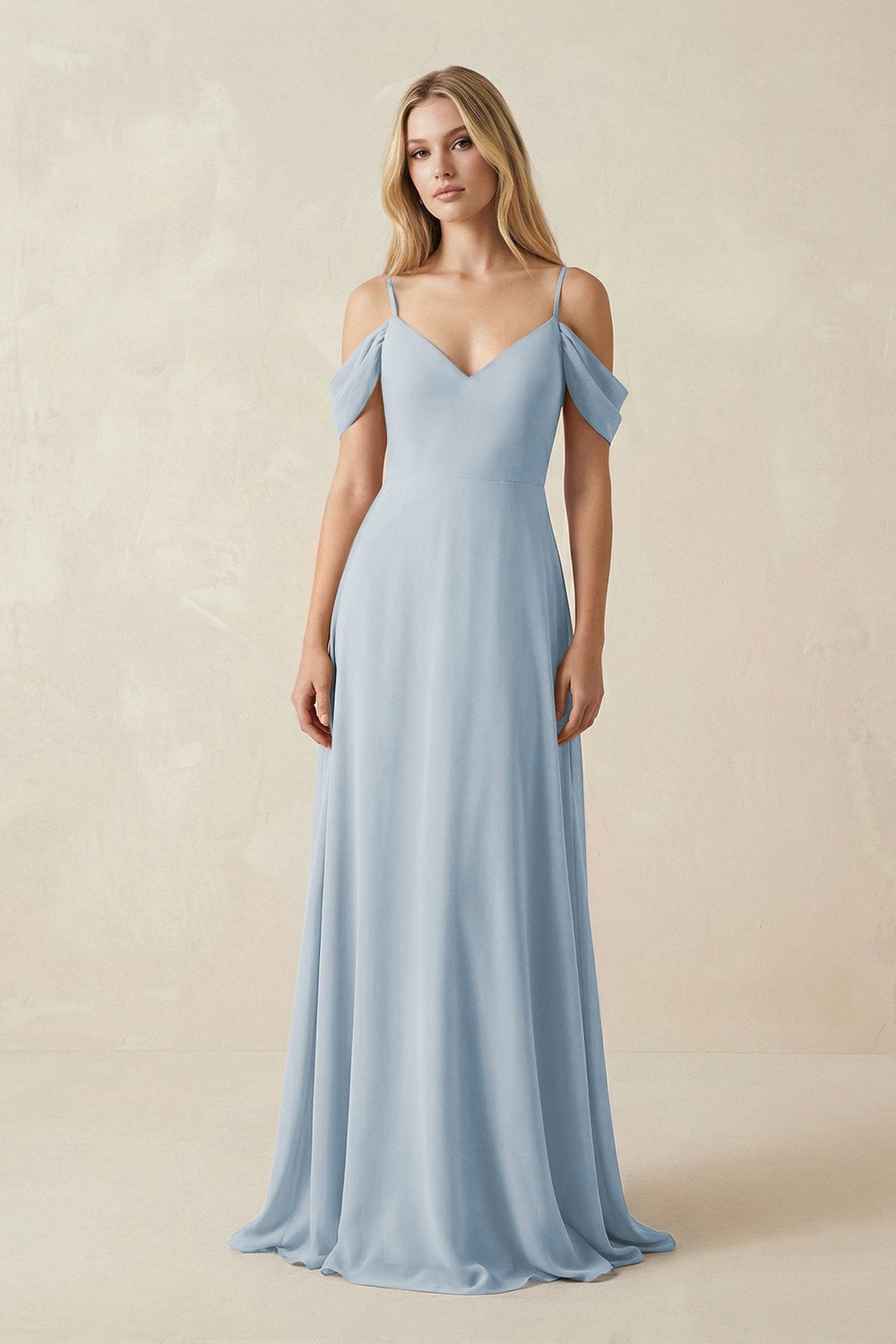 Off - the - Shoulder Chiffon A - Line Maxi Bridesmaid Dress in Dusty Blue - SHE IS ME Bridesmaid Dresses