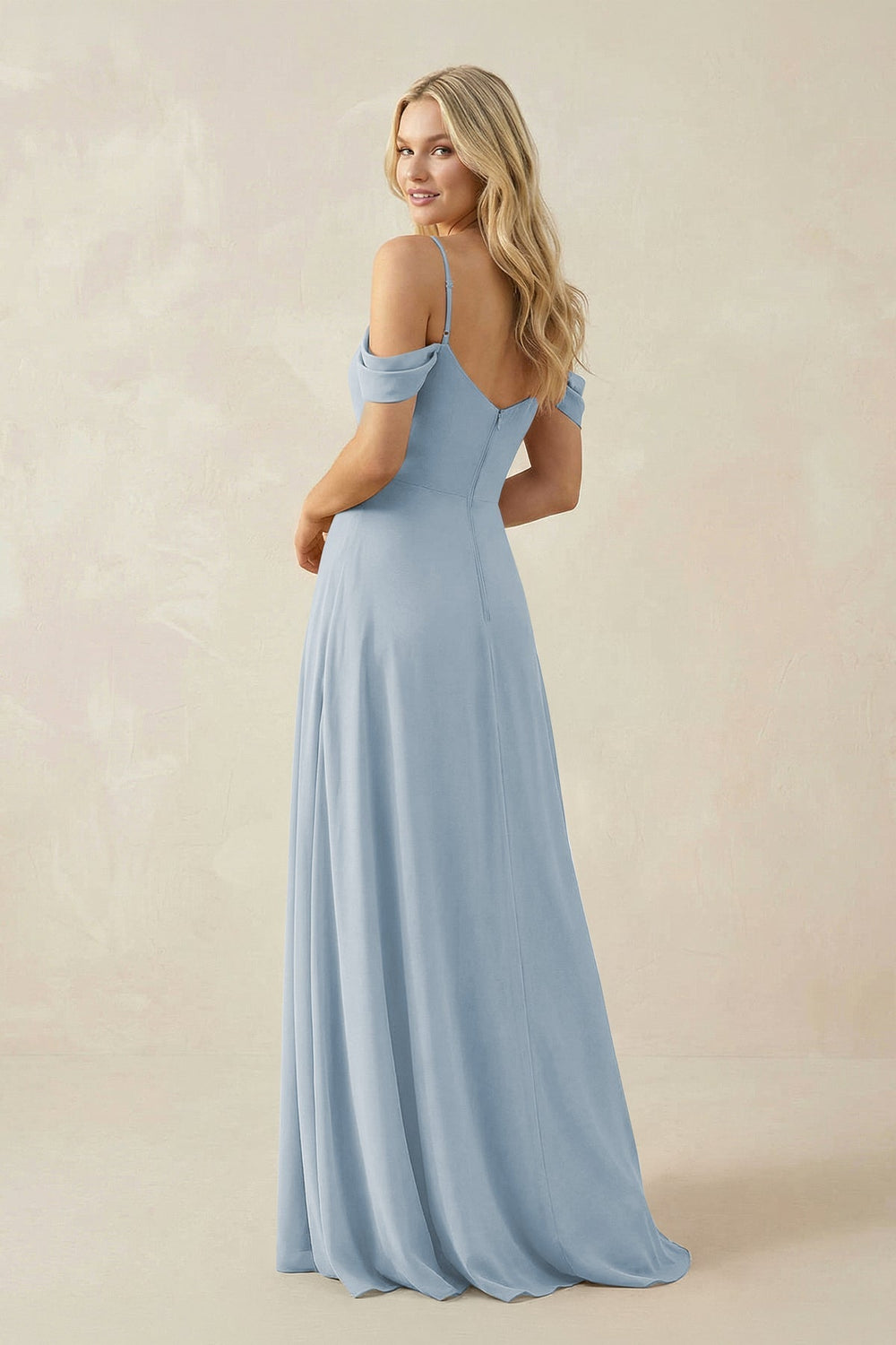 Off - the - Shoulder Chiffon A - Line Maxi Bridesmaid Dress in Dusty Blue - SHE IS ME Bridesmaid Dresses