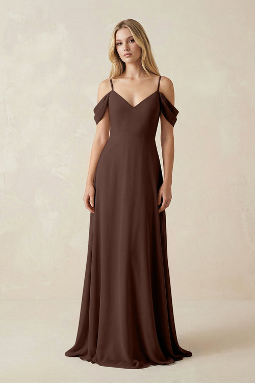 Off - the - Shoulder Chiffon A - Line Maxi Bridesmaid Dress in Espresso - SHE IS ME Bridesmaid Dresses
