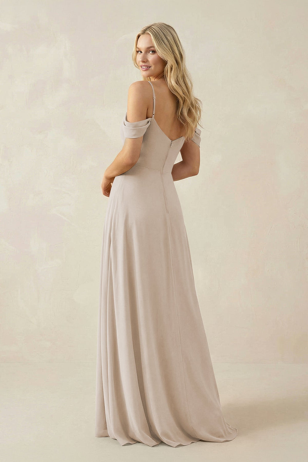 Off - the - Shoulder Chiffon A - Line Maxi Bridesmaid Dress in Frost - SHE IS ME Bridesmaid Dresses