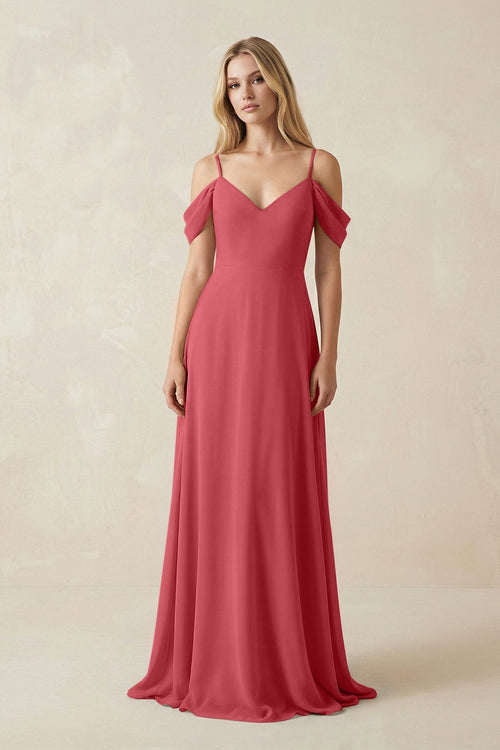 Off - the - Shoulder Chiffon A - Line Maxi Bridesmaid Dress in Merlot - SHE IS ME Bridesmaid Dresses