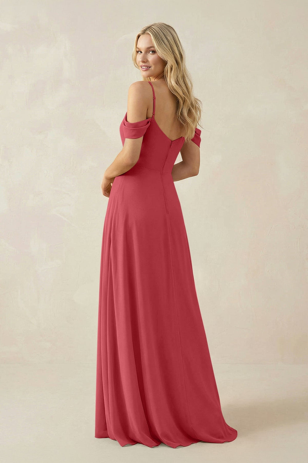 Off - the - Shoulder Chiffon A - Line Maxi Bridesmaid Dress in Merlot - SHE IS ME Bridesmaid Dresses