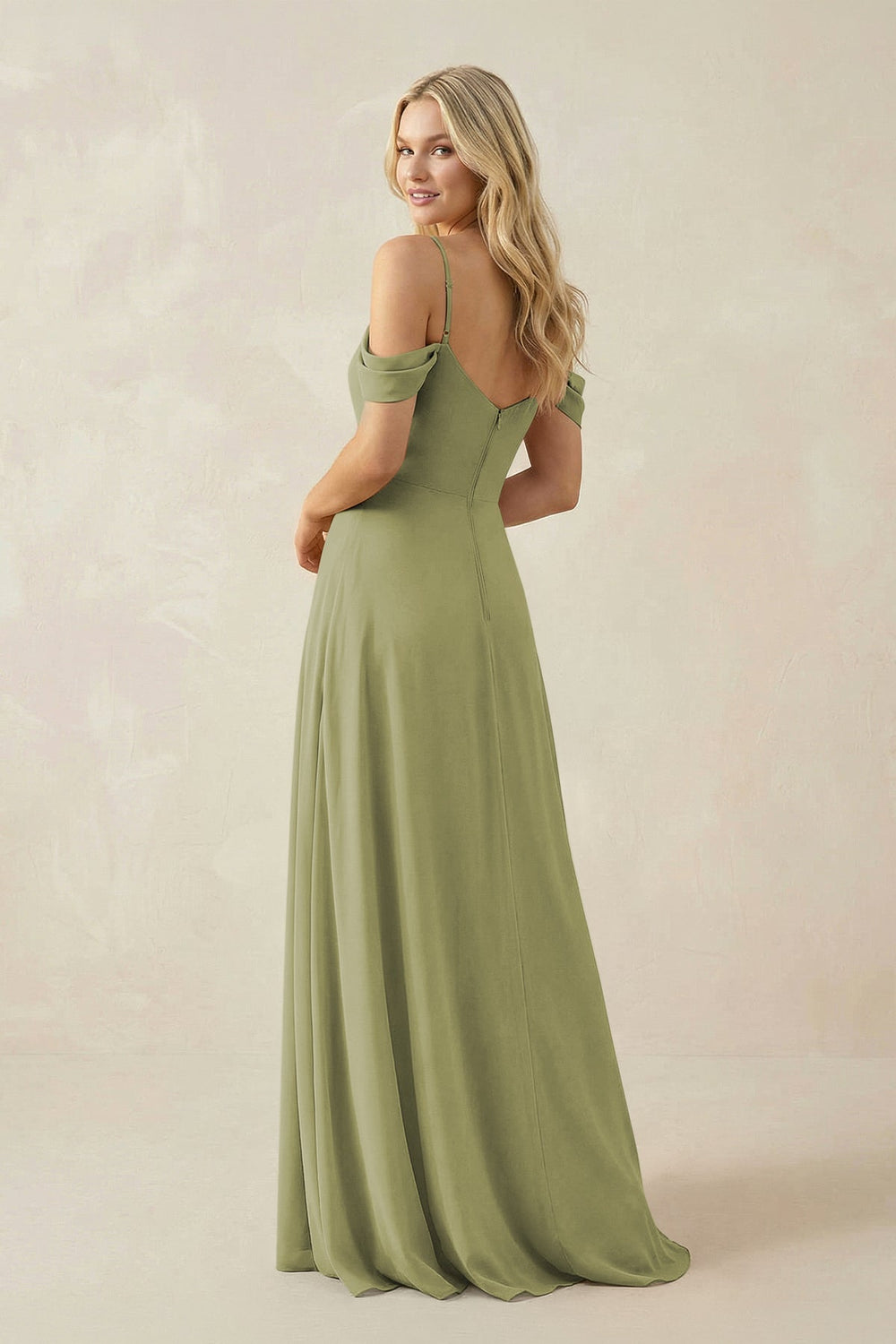 Off - the - Shoulder Chiffon A - Line Maxi Bridesmaid Dress in Moss Green - SHE IS ME Bridesmaid Dresses