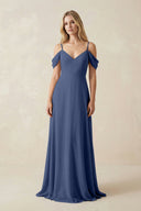 Off - the - Shoulder Chiffon A - Line Maxi Bridesmaid Dress in Navy - SHE IS ME Bridesmaid Dresses