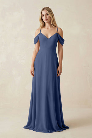 Off - the - Shoulder Chiffon A - Line Maxi Bridesmaid Dress in Navy - SHE IS ME Bridesmaid Dresses