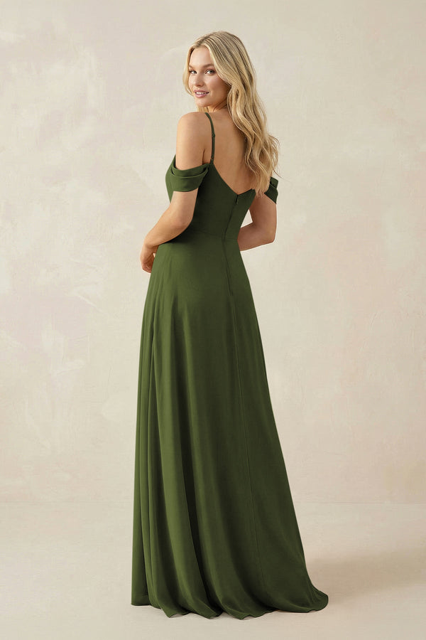 Off - the - Shoulder Chiffon A - Line Maxi Bridesmaid Dress in Olive - SHE IS ME Bridesmaid Dresses