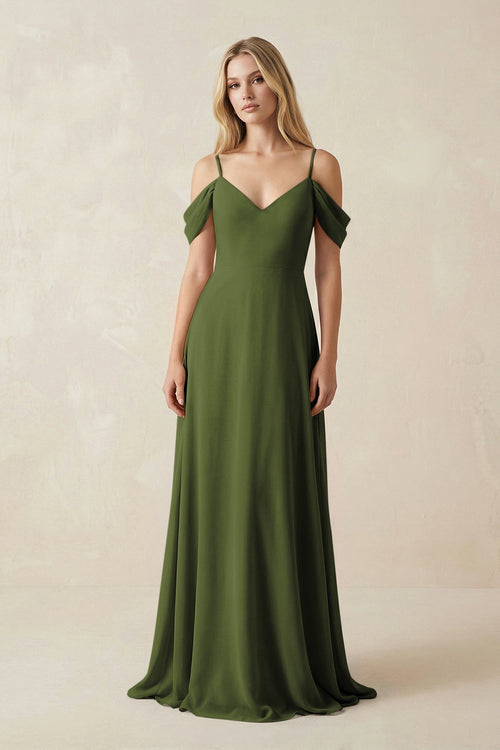 Off - the - Shoulder Chiffon A - Line Maxi Bridesmaid Dress in Olive - SHE IS ME Bridesmaid Dresses