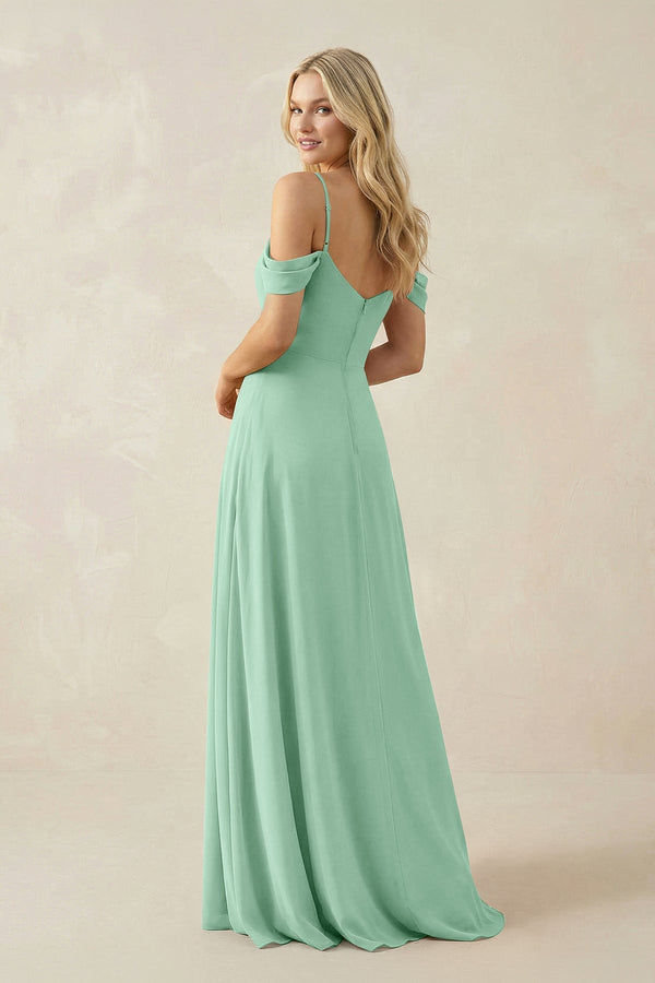 Off - the - Shoulder Chiffon A - Line Maxi Bridesmaid Dress in Pale Pistachio - SHE IS ME Bridesmaid Dresses