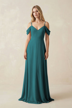 Off - the - Shoulder Chiffon A - Line Maxi Bridesmaid Dress in Pine - SHE IS ME Bridesmaid Dresses