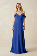 Off - the - Shoulder Chiffon A - Line Maxi Bridesmaid Dress in Royal Blue - SHE IS ME Bridesmaid Dresses