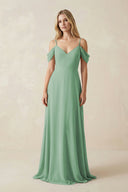 Off - the - Shoulder Chiffon A - Line Maxi Bridesmaid Dress in Sea Glass - SHE IS ME Bridesmaid Dresses