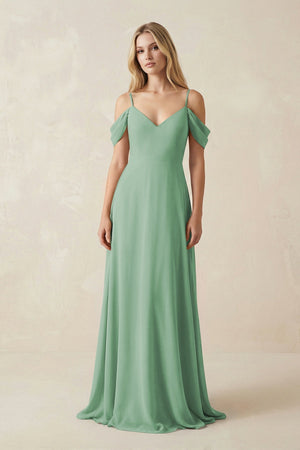Off - the - Shoulder Chiffon A - Line Maxi Bridesmaid Dress in Sea Glass - SHE IS ME Bridesmaid Dresses
