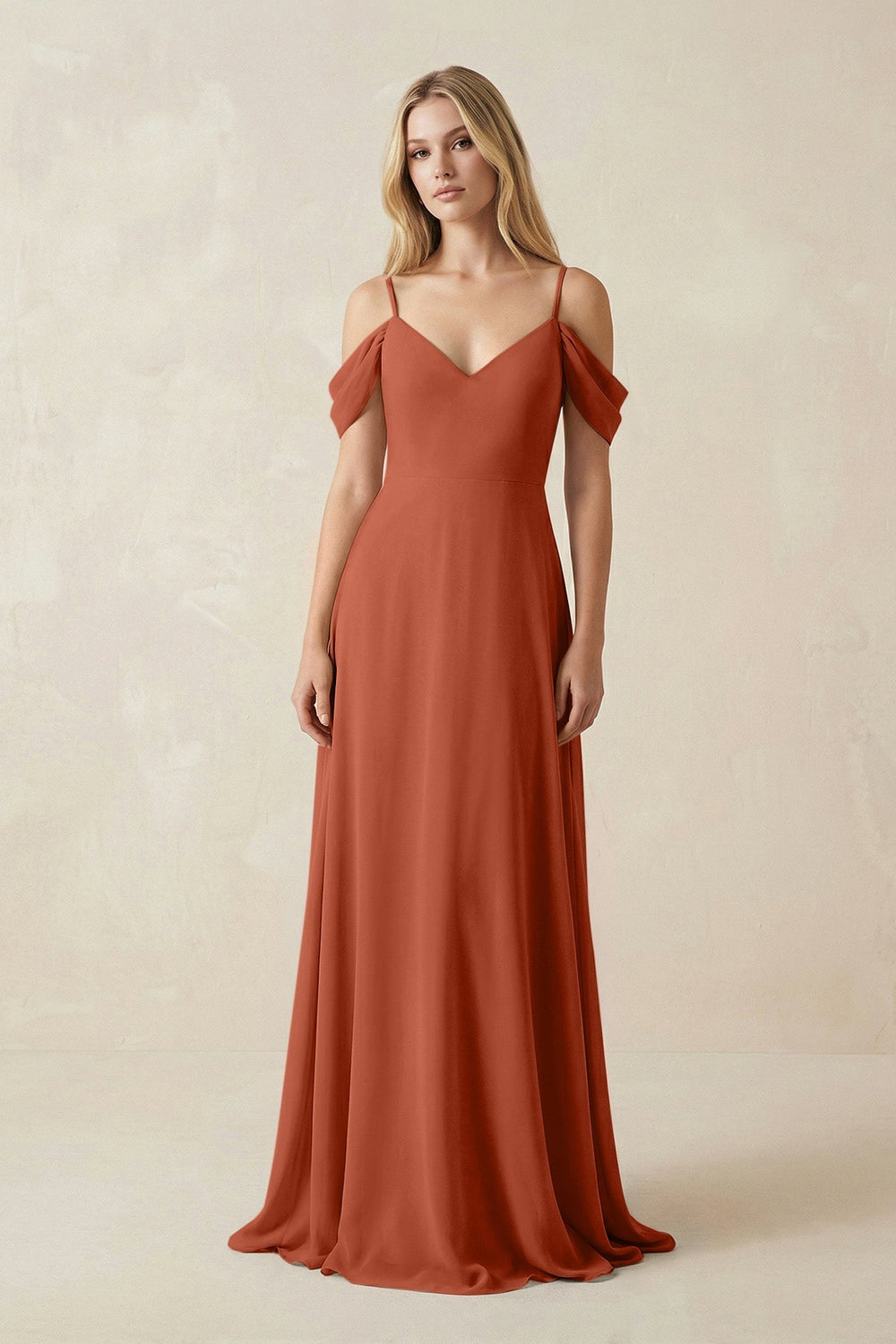 Off - the - Shoulder Chiffon A - Line Maxi Bridesmaid Dress in Spice - SHE IS ME Bridesmaid Dresses