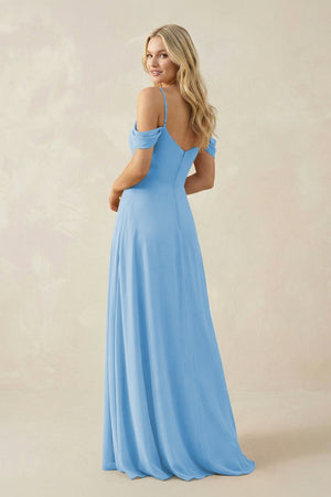 Off - the - Shoulder Chiffon A - Line Maxi Bridesmaid Dress in Steel Blue - SHE IS ME Bridesmaid Dresses