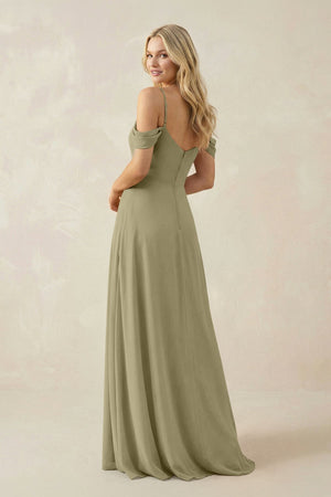 Off - the - Shoulder Chiffon A - Line Maxi Bridesmaid Dress in Thyme - SHE IS ME Bridesmaid Dresses