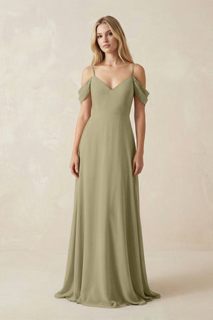 Off - the - Shoulder Chiffon A - Line Maxi Bridesmaid Dress in Thyme - SHE IS ME Bridesmaid Dresses