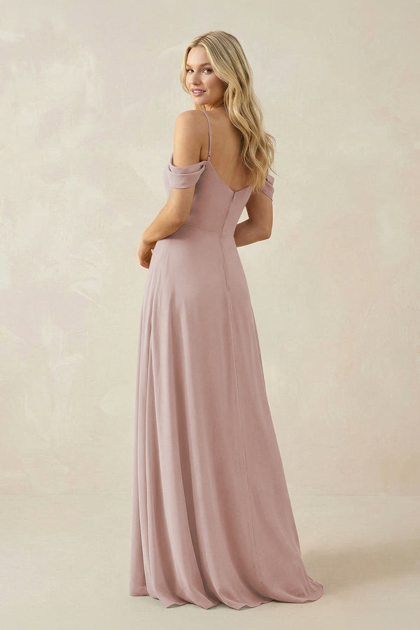 Off - the - Shoulder Chiffon A - Line Maxi Bridesmaid Dress in Toffee - SHE IS ME Bridesmaid Dresses