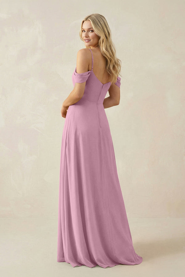Off - the - Shoulder Chiffon A - Line Maxi Bridesmaid Dress in Vintage Mauve - SHE IS ME Bridesmaid Dresses