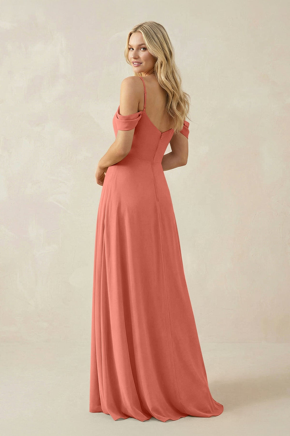 Off - the - Shoulder Chiffon A - Line Maxi Bridesmaid Dress in Wild Rose - SHE IS ME Bridesmaid Dresses