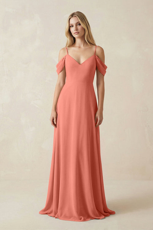 Off - the - Shoulder Chiffon A - Line Maxi Bridesmaid Dress in Wild Rose - SHE IS ME Bridesmaid Dresses