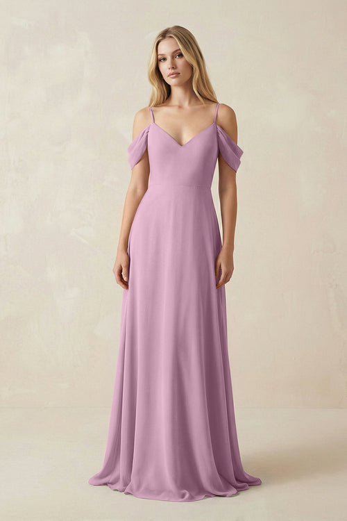 Off - the - Shoulder Chiffon A - Line Maxi Bridesmaid Dress in Wisteria - SHE IS ME Bridesmaid Dresses