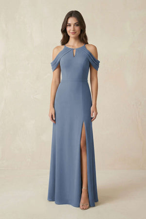 Off - the - Shoulder Chiffon Sheath Bridesmaid Dress Wiht Slit in Neptune - SHE IS ME Bridesmaid Dresses