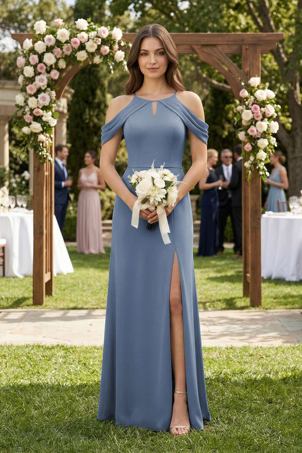 Off - the - Shoulder Chiffon Sheath Bridesmaid Dress Wiht Slit in Neptune - SHE IS ME Bridesmaid Dresses