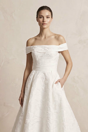 Off - the - Shoulder Jacquard Ball Gown Wedding Dress in White - SHE IS ME Wedding Dresses