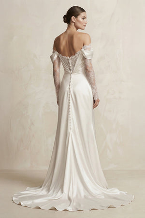Off - the - Shoulder Lace Satin Sheath Wedding Dress With Slit in Ivory - SHE IS ME Wedding Dresses
