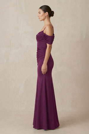Off - the - Shoulder Mermaid Ruched Bridesmaid Dress in Fig - SHE IS ME Bridesmaid Dresses