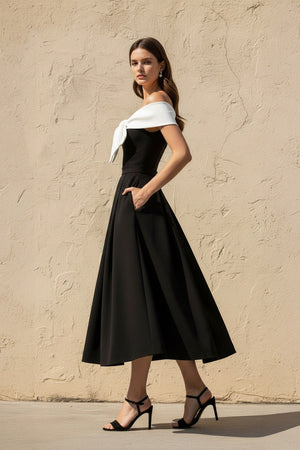 Off The Shoulder Midi Dress With Bow in Black and White - SHE IS ME