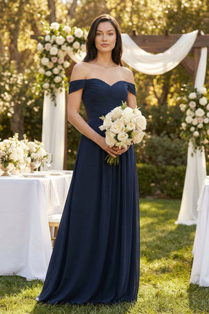 Off - the - Shoulder Pleated A - Line Chiffon Bridesmaid Dress - SHE IS ME Bridesmaid Dresses