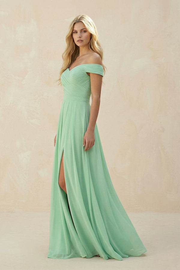 Off - the - Shoulder Pleated A - Line Chiffon Bridesmaid Dress - SHE IS ME Bridesmaid Dresses