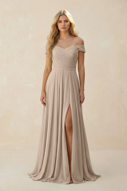 Off - the - Shoulder Pleated A - Line Chiffon Bridesmaid Dress in Almond - SHE IS ME Bridesmaid Dresses