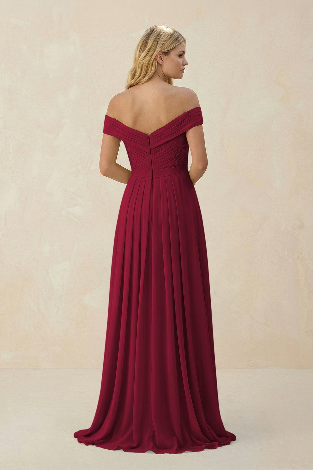 Off - the - Shoulder Pleated A - Line Chiffon Bridesmaid Dress in Berry - SHE IS ME Bridesmaid Dresses