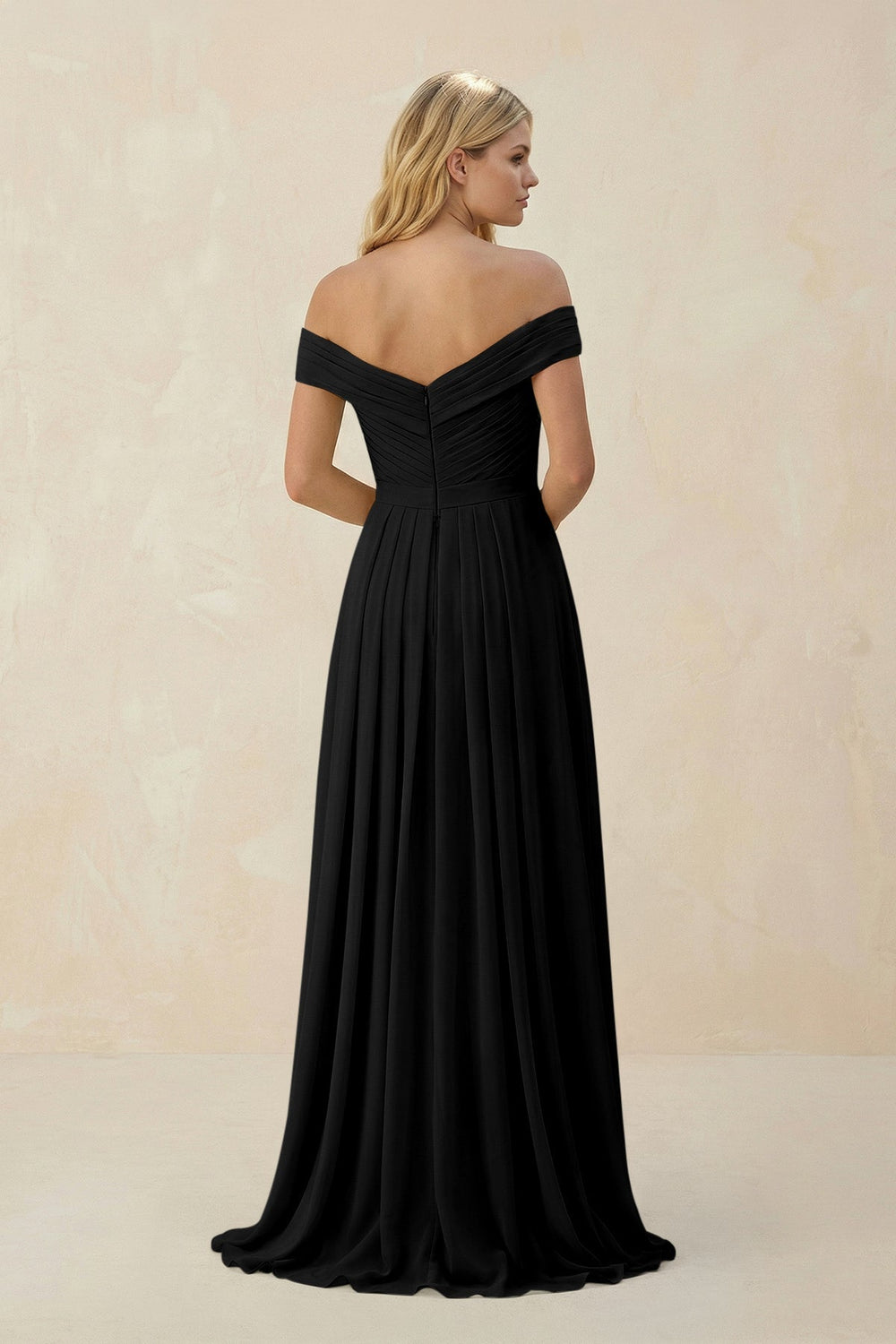 Off - the - Shoulder Pleated A - Line Chiffon Bridesmaid Dress in Black - SHE IS ME Bridesmaid Dresses