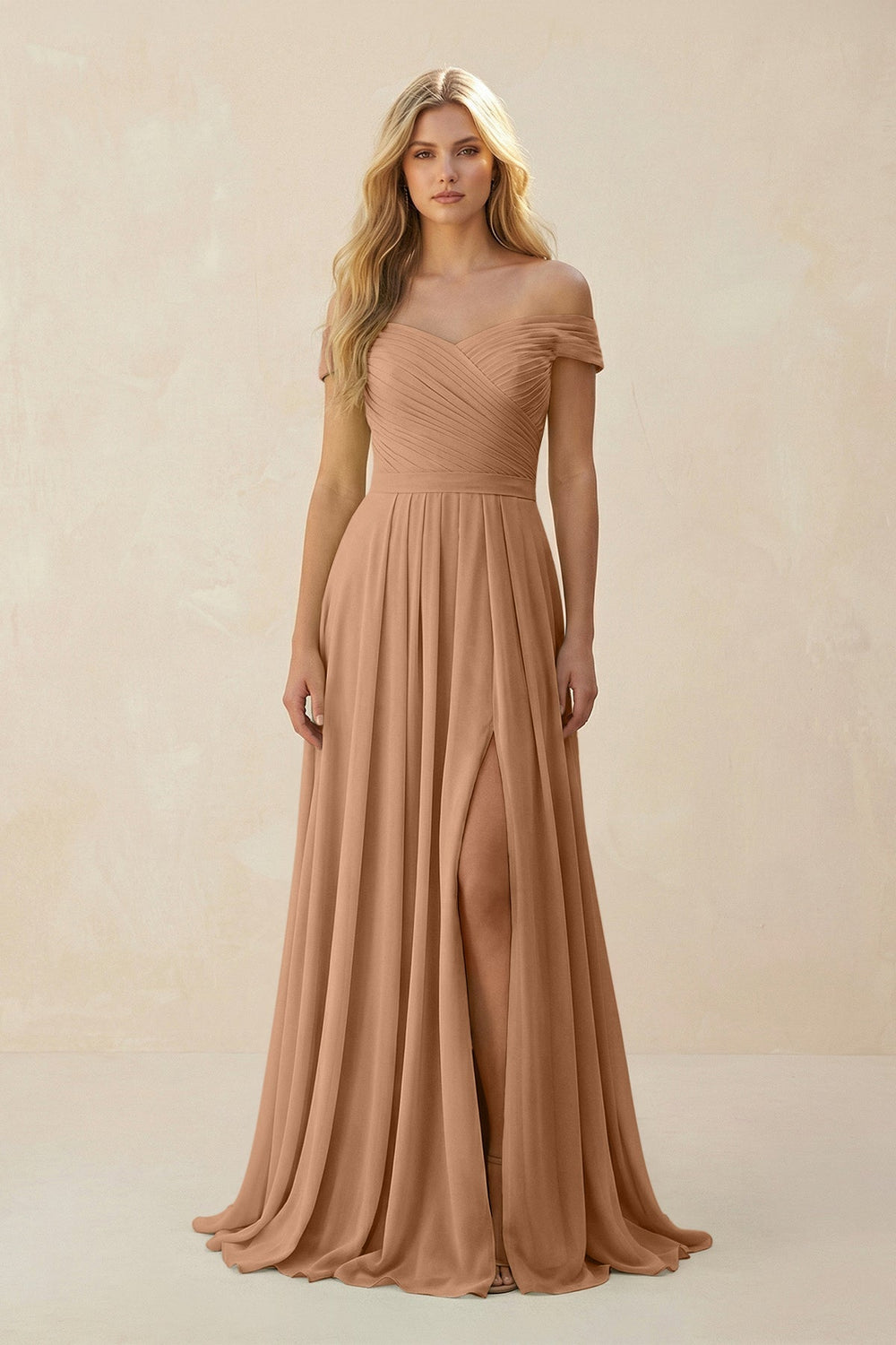 Off - the - Shoulder Pleated A - Line Chiffon Bridesmaid Dress in Bronzer - SHE IS ME Bridesmaid Dresses