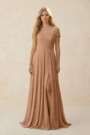 Off - the - Shoulder Pleated A - Line Chiffon Bridesmaid Dress in Bronzer - SHE IS ME Bridesmaid Dresses