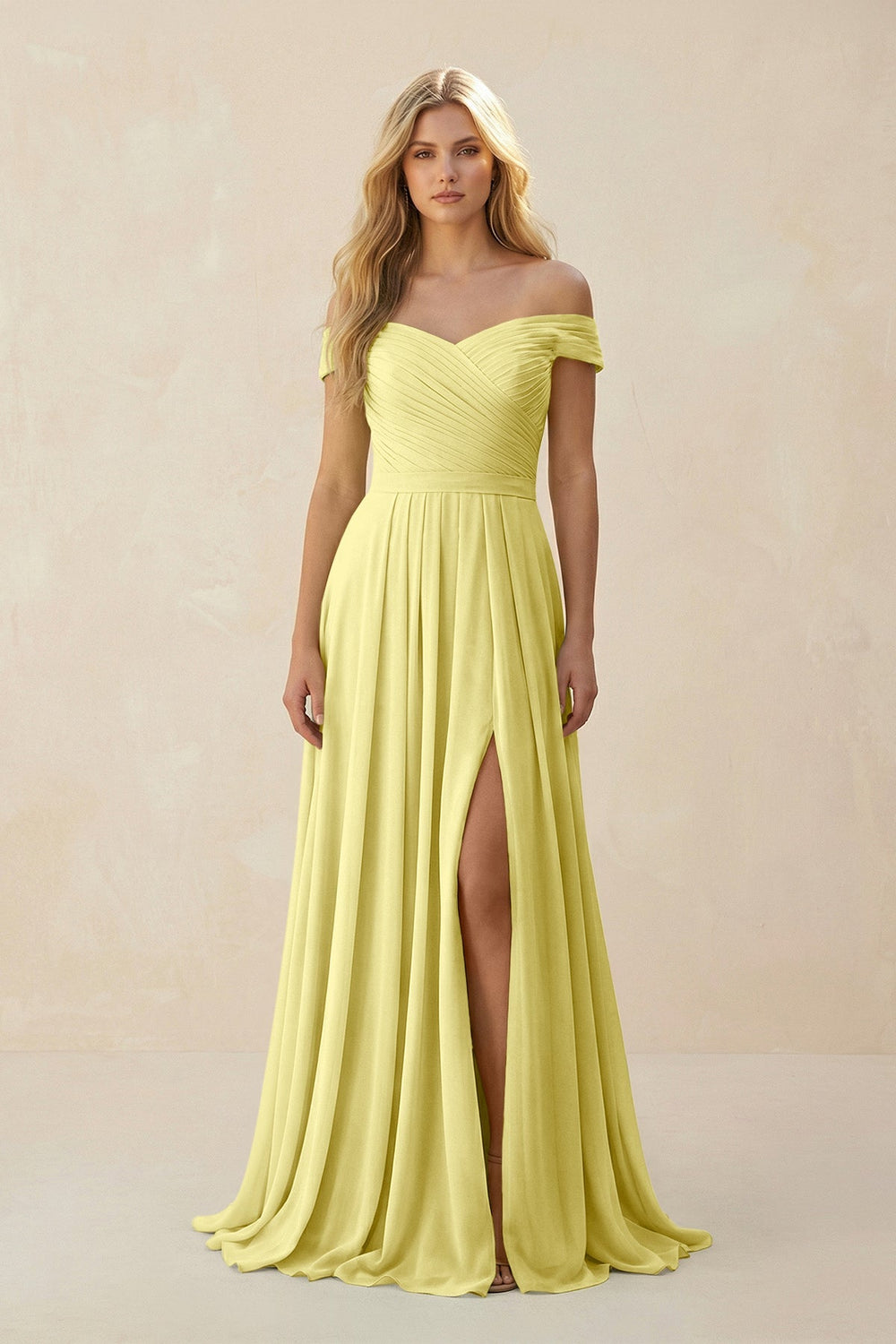 Off - the - Shoulder Pleated A - Line Chiffon Bridesmaid Dress in Buttercup - SHE IS ME Bridesmaid Dresses