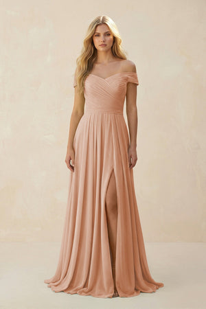 Off - the - Shoulder Pleated A - Line Chiffon Bridesmaid Dress in Champagne Rose - SHE IS ME Bridesmaid Dresses