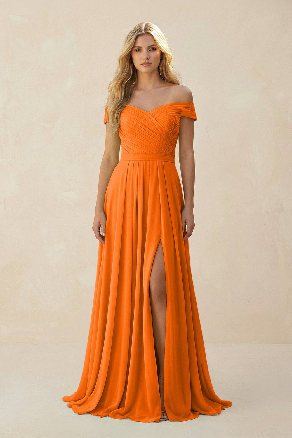 Off - the - Shoulder Pleated A - Line Chiffon Bridesmaid Dress in Cinnamon - SHE IS ME Bridesmaid Dresses