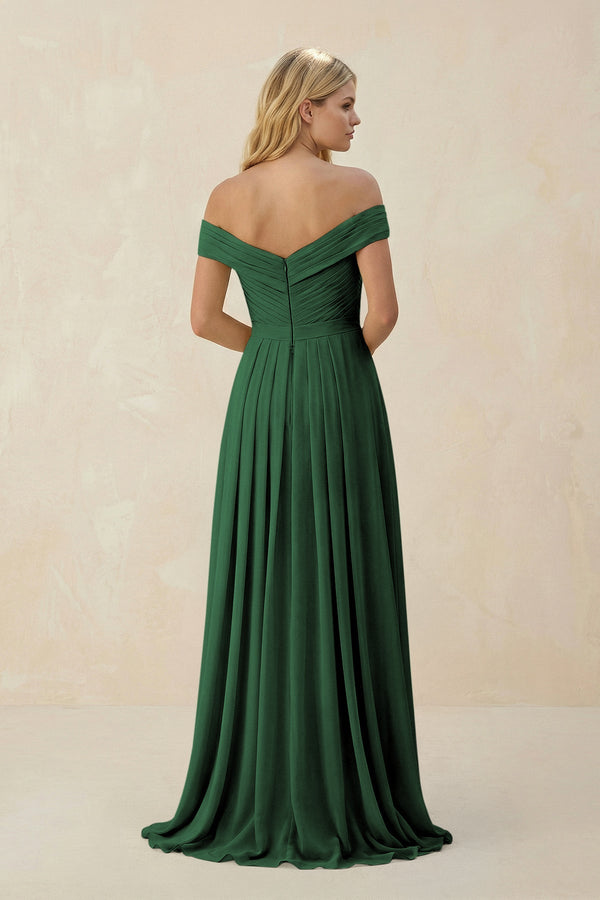 Off - the - Shoulder Pleated A - Line Chiffon Bridesmaid Dress in Dark Green - SHE IS ME Bridesmaid Dresses