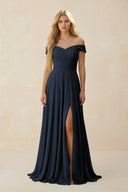 Off - the - Shoulder Pleated A - Line Chiffon Bridesmaid Dress in Dark Navy - SHE IS ME Bridesmaid Dresses